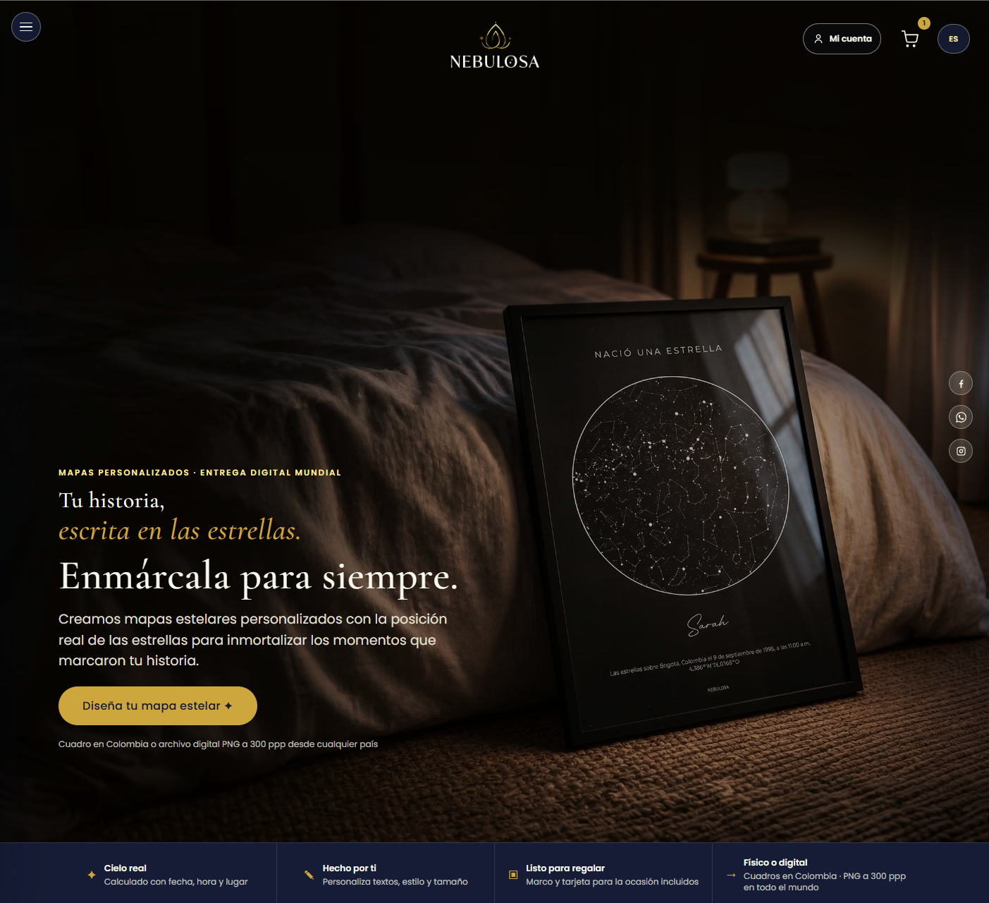 Portada de Nebulosa con un mapa estelar enmarcado y el botón Diseña tu mapa estelar